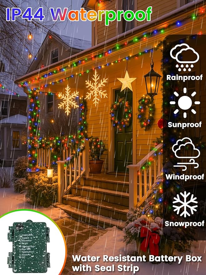 4 Pack Battery Operated Christmas Lights with Timer, 132FT 400 LED Waterproof Battery Twinkle Light, 8 Modes Green Wire Fairy Light for Indoor & Outdoor Bedroom Tree Christmas Decorations (Multicolor)