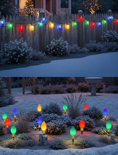 Jumbo C9 LED Christmas Pathway Lights Outdoor, 2 Pack 7 Ft Jumbo Christmas Lights with Pathway Marker Stakes, 8 Giant Multicolor Bulbs Outdoor Holiday Decorations for Lawn Yard Garden