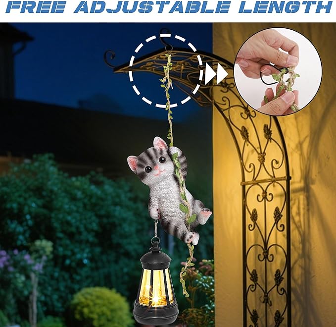 Solar Hanging Cat Statue, Outdoor Resin Black Cat Figurine with LED Lights, Kitty Animal Ornament for Garden, Fence, Porch, Patio, Yard Decor, Dusk to Dawn Auto On/Off
