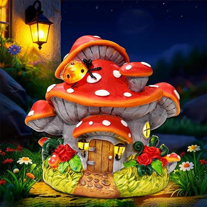 WINTS Solar Mushroom House Statue, Outdoor Whimsical Garden Figurines with Solar Lights, Mushroom Garden Statue Decoration for Fairy House, Outside Lawn Yard Patio, Gifts for Mom