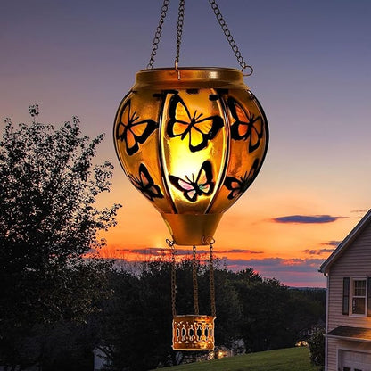 Larekook Butterfly Solar Hot Air Balloon Lantern with Flickering Flame,Glass Hot Air Balloon Solar Lanterns Outdoor Waterproof Hanging Light for Patio Porch Yard Garden Decor,Birthday Gifts for Women