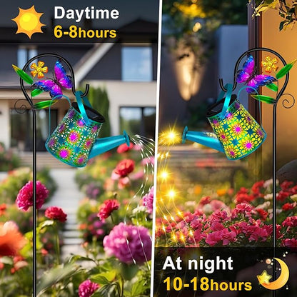 Solar Watering Can with Lights, Waterproof Solar Lantern with Butterfly Shepherd Hook, Hanging Garden Lights for Patio Yard Lawn Porch Outdoor Decoration, Unique Garden Gifts for Women Mom Birthday