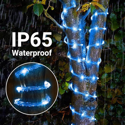 Solar Rope Lights, 2 Packs Total 66ft 200LED Solar String Lights, 8 Modes Waterproof Solar Powered Outdoor Light, Flexible Clear Tube Light for Garden Backyard Patio Deck Porch Tree Xmas Decor - Blue