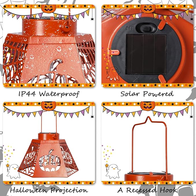 2-Pack 8.6" Halloween Solar-Powered Lanterns with Pumpkin Ghost Face Projection - Outdoor Jack-o'-Lantern Projection Lights, Waterproof Solar Stake Lights for Garden, Yard, Pathway Decor
