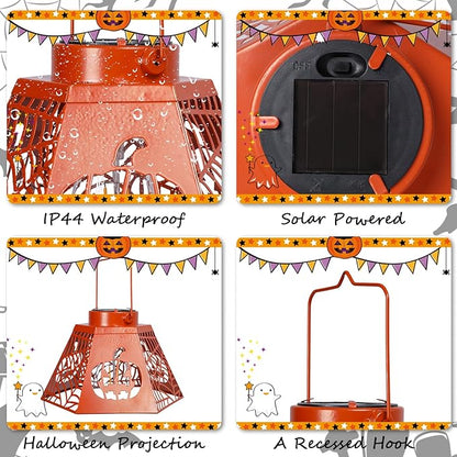 2-Pack 8.6" Halloween Solar-Powered Lanterns with Pumpkin Ghost Face Projection - Outdoor Jack-o'-Lantern Projection Lights, Waterproof Solar Stake Lights for Garden, Yard, Pathway Decor