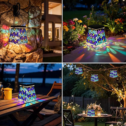 VOREEN Mosaic Solar Lantern, Colorful Mosaic Glass Decorative Lantern for Outdoor Garden & Patio, Tabletop or Hanging Solar Powered Light, Blue Petal Mosaic Design