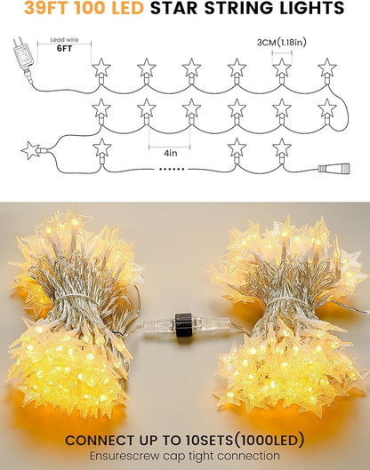39FT 100 LED Warm White Star String Lights Plug in Fairy Lights with Remote,Hanging Star Lights for Indoor Outdoor Bedroom,Classroom,Dorm,Kids Tent,Party Decor