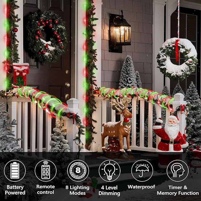 Jnaurb 2-Pack Battery Operated Rope Lights for Outside, Total 66FT 200LED 8 Modes Battery Operated String Lights, Waterproof Christmas Fairy Light with Remote for Outdoor Indoor Xmas Decor-Red & Green