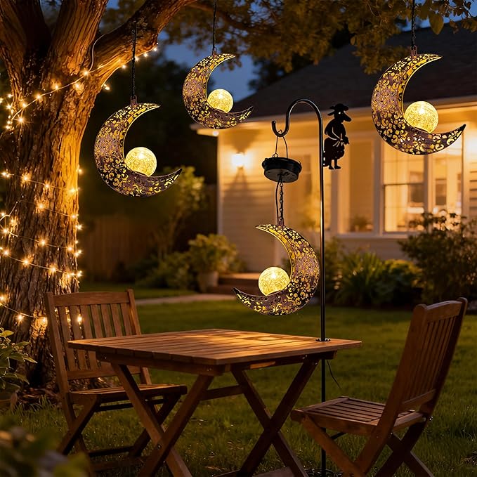 Hanging Solar Lights Outdoor Decor,Moon Garden Statues Decorative Waterproof Metal Figurines Lamp Outside Yard Decorations,Unique Ideas Birthday Gifts for Women Mom Mothers Day Fairy Accessories