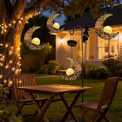 Hanging Solar Lights Outdoor Decor,Moon Garden Statues Decorative Waterproof Metal Figurines Lamp Outside Yard Decorations,Unique Ideas Birthday Gifts for Women Mom Mothers Day Fairy Accessories