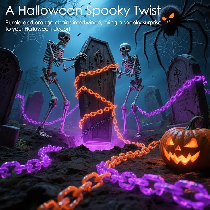 10Ft Purple Halloween Chain Lights Battery Operated with Timer, 8 Modes Halloween Decorations Indoor Outdoor, Waterproof Lighted Plastic Chains for Haunted House Party Cosplay Props Skeleton Dog