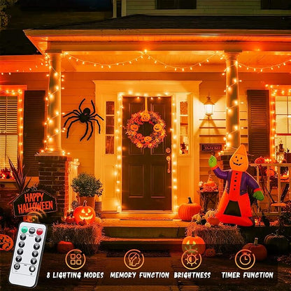 JMEXSUSS 33ft 100 LED Orange Christmas Lights, Battery Operated Christmas Lights, Orange String Lights with Remote Indoor Outdoor Waterproof for Fall Xmas Decorations (Pack of 2)