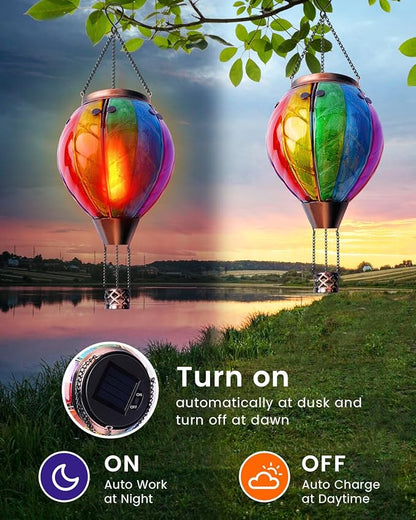 Luxvista Hot Air Balloon Solar Lantern, Rainbow Stain Glass LED Lights, Waterproof Hanging Solar Lantern with Flickering Flame Light for Yard Tree & Outdoor Garden Decor, Made of Glass, Easter Lights