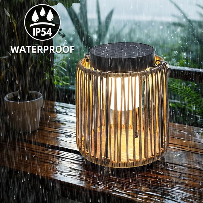 Solar Lanterns Outdoor Waterproof IP54, Handwoven Wicker Outdoor Table Lamps Portable Rechargeable with 30H+ Runtime, Dual USB-C/Solar Charging Hanging Lantern, 3 Brightness Levels