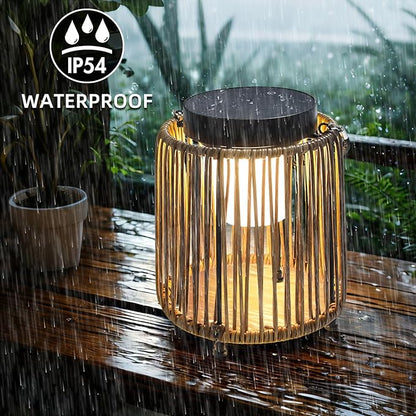 Solar Lanterns Outdoor Waterproof IP54, Handwoven Wicker Outdoor Table Lamps Portable Rechargeable with 30H+ Runtime, Dual USB-C/Solar Charging Hanging Lantern, 3 Brightness Levels