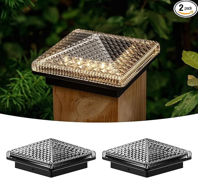 2-Pack Warm White Solar Yard Post Lights, Outdoor LED Caps