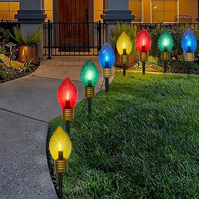 Jumbo C9 Christmas Pathway Lights Outdoor, 2 Pack Total 14Ft 8 LED C9 Giant Multicolor Christmas Walkway Lights, Connectable Outdoor Xmas Decorations Stakes Lights for Lawn Yard Garden Holiday
