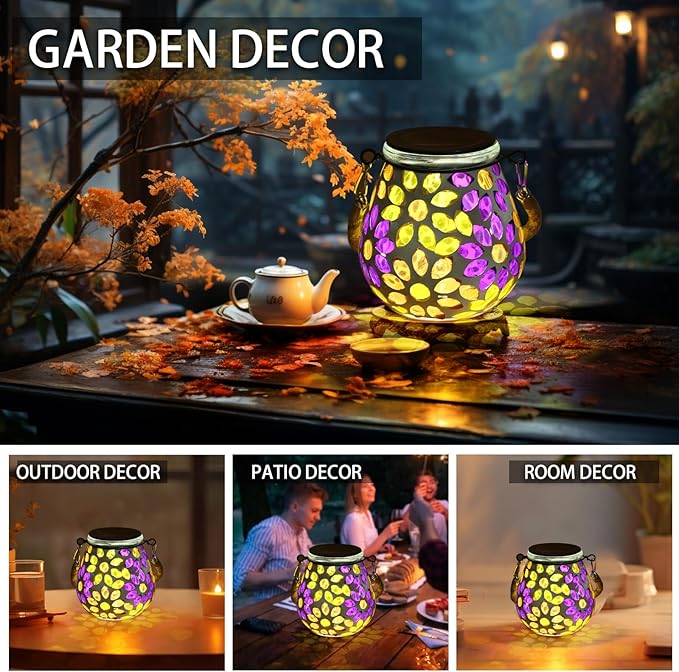 Mosaic Solar Lights Outdoor Lanterns, Decorative Mosaic Glass Solar Lamps Outdoor Waterproof, Hanging Lanterns Solar Night Lights for Garden,Patio,Pathway & Yard Décor (Flower)