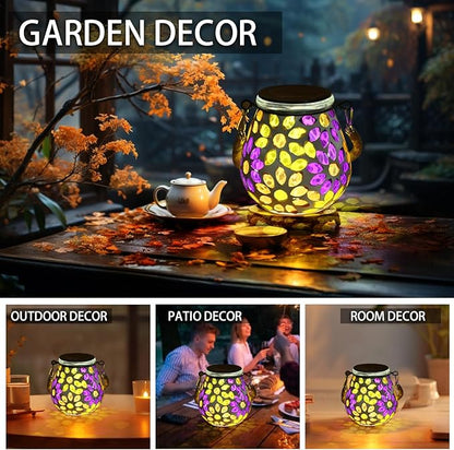 Mosaic Solar Lights Outdoor Lanterns, Decorative Mosaic Glass Solar Lamps Outdoor Waterproof, Hanging Lanterns Solar Night Lights for Garden,Patio,Pathway & Yard Décor (Flower)