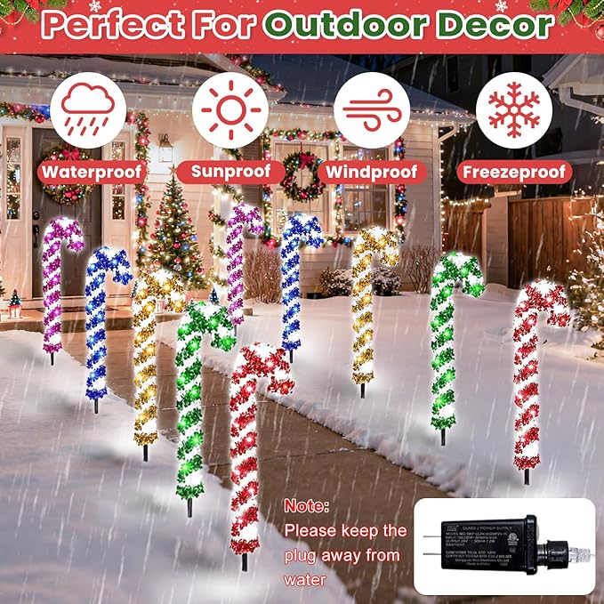 10 Pcs Christmas Candy Cane Lights 21'' Multicolor Candy Cane Pathway Light with 8 Lighting Modes Waterproof Christmas Pathway Lights with Stakes for Walkway Patio Yard Lawn Garden Decoration