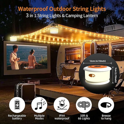 Camping String Lights, 3 in 1 Upgraded Retractable RGB Outdoor String Lights with 19 Lighting Modes,Quick 30s Recovery, 32.8 FT Portable Tent Lights, Rechargeable Camping Lantern (White&Orange)