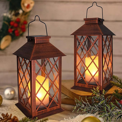 [2 Pack] TAKE ME 14" Solar Lantern Outdoor Garden Hanging Lantern Waterproof LED Flickering Flameless Candle Mission Lights for Table,Outdoor,Christmas Gifts Mom Wife