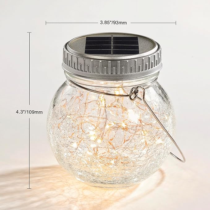 Cooo Crackle Glass Solar Lantern with 30 LED Firefly Lights– Landscape Lighting Path Lights, Anti-Rust Lids Decorative Lighting for Garden Patio Table (Hanging Crackle Lantern, 12)