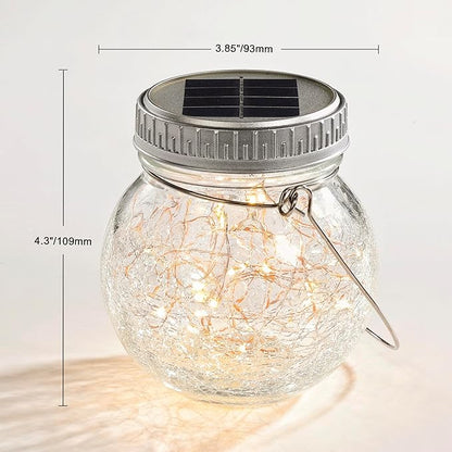 Cooo Crackle Glass Solar Lantern with 30 LED Firefly Lights– Landscape Lighting Path Lights, Anti-Rust Lids Decorative Lighting for Garden Patio Table (Hanging Crackle Lantern, 12)