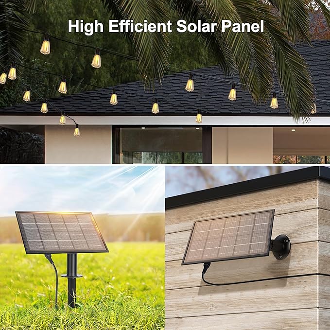 100FT Solar String Lights Outdoor Waterproof with Remote Control Solar Patio Lights 30+2 shatterproof LED ST38 Bulbs for Porch Garden Market Bistro Patio Backyard Fence