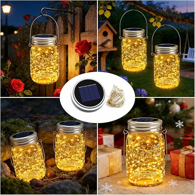 6 Pack Solar Mason Jar Lights for Outside, 30 LED Solar Mason Jar Lids Fairy Lights with 6 Hangers(No Jars) Outdoor Waterproof for DIY Patio Garden Yard Lawn Party Wedding Decoration Warm White