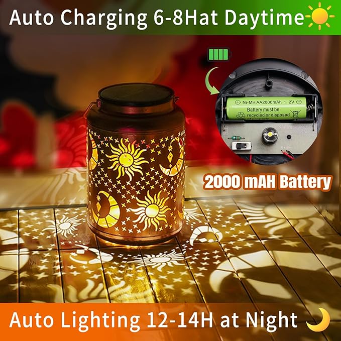 Sun Moon Solar Lanterns Outdoor Waterproof, 14.6'' Large Lamps, Upgraded 2000mAH Battery, Metal Christmas Gift, Birthday Gifts for Women Mom Grandma, Garden Yard Patio Lawn Pathway Decor