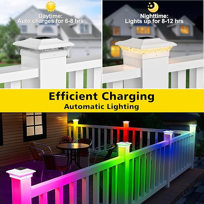 T-SUN Solar Post Cap Lights with Auto-Change Colors- for Vinyl/Wooden Posts Weatherproof Outdoor Solar Fence Post Lights for Deck, Porch, Garden & Stairs(12-Pack,RGB)