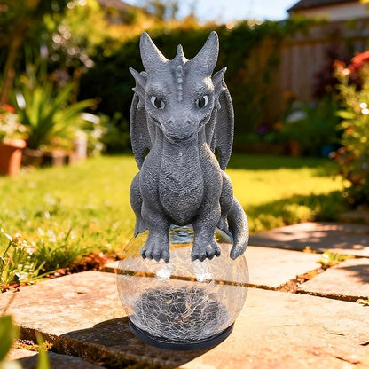 Dragon Garden Statue with Solar Crackle Glass Ball - Gothic Outdoor Decor for Patio & Yard - Mystical Dragon Guardian Figurine, Fantasy Gift for Men & Dragon Lovers