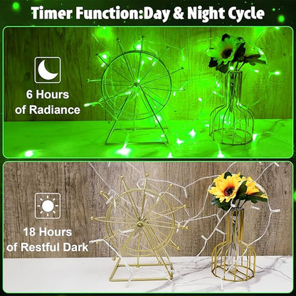 String Lights Outdoor Waterproof 9.8ft 30 LED, Green Battery Operated Halloween Lights with Timer Clear Wire for Indoor & Outdoor Christmas Halloween St.Patric Decorations Garland Party Garden