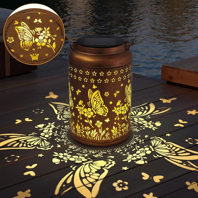 2 Packs Butterfly Solar Lanterns Outdoor Waterproof, Birthday Gifts for Women Mom Grandma, Metal Hanging Solar Lights Outside Decorations for Garden Patio Porch Backyard Garden Decor