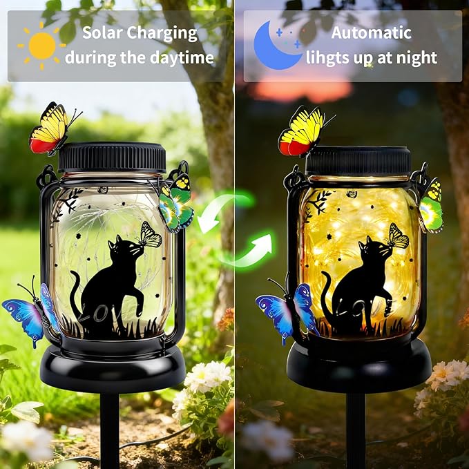 Dog Solar Lanterns Outdoor Garden Solar Dog Lights Dog & Cat Lover Gifts for Women Mom Grandma, Butterfly Fairy Lights Waterproof Hanging Mason Jar Lamps (Cat Kiss Butterfly)
