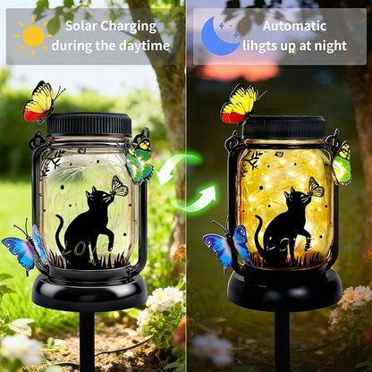 Dog Solar Lanterns Outdoor Garden Solar Dog Lights Dog & Cat Lover Gifts for Women Mom Grandma, Butterfly Fairy Lights Waterproof Hanging Mason Jar Lamps (Cat Kiss Butterfly)