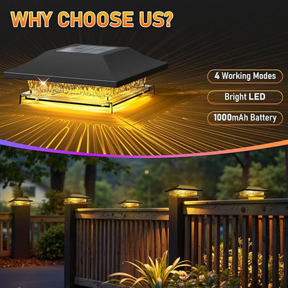 Viewsun 2 Pack Solar Post Cap Lights, Outdoor Fence Solar Powered Cap with 4 Lighting Modes Waterproof Light Decorative for Deck Patio or Garden Decor, Fits 4x4 Wood Vinyl Posts
