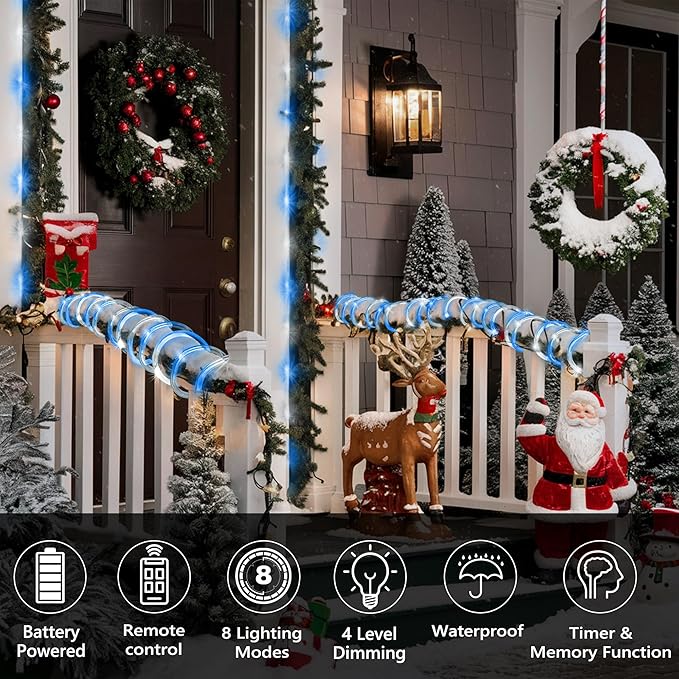 Jnaurb 2-Pack Battery Operated Rope Lights for Outside, Total 66FT 200LED 8 Modes Battery Operated String Lights, Waterproof Christmas Fairy Light with Remote for Outdoor Indoor Xmas Decor -White Blue