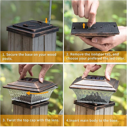 HUYIENO Solar Post Cap Lights Outdoor LED Lighting Deck Fence With Two Light Modes Warm White/Bright White Suitable for 4x4 Wooden Posts Brushed Copper 6PK