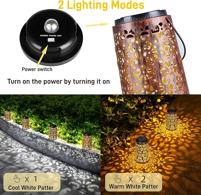 4 Pack Solar Hanging Lanterns Outdoor, 2 Modes Adjustable White & Warm Light, Auto On/Off Metal Waterproof Solar Lights for Patio Garden Wall & Tabletop Decor