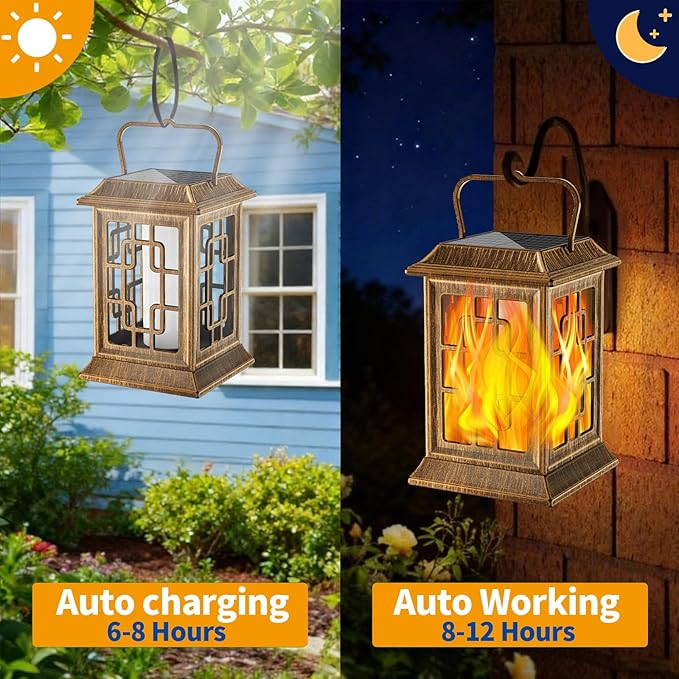 Flickering Solar Lantern Outdoor, Waterproof Hanging Flame Solar Powered Lantern for Pathway, Tabletop, Patio, Garden Decoratives (Bronze)
