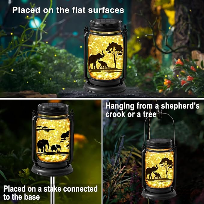 2 Pack Outdoor Hanging Solar Lanterns, Elephants Vintage Glass Mason Jar Fairy Lights, Birthday Mothers Day Gifts for Women Mom Grandma, Waterproof Garden Lights for Patio Yard Lawn Tree
