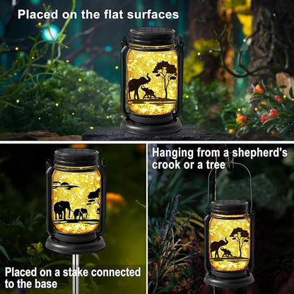2 Pack Outdoor Hanging Solar Lanterns, Elephants Vintage Glass Mason Jar Fairy Lights, Birthday Mothers Day Gifts for Women Mom Grandma, Waterproof Garden Lights for Patio Yard Lawn Tree