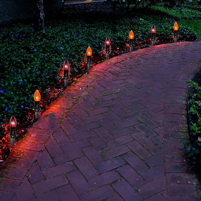 C9 Outdoor Halloween Pathway Lights - 19.5Ft Orange & Black Bulbs with 10 Stakes, Connectable Waterproof Markers for Yard, Lawn & Garden Decor