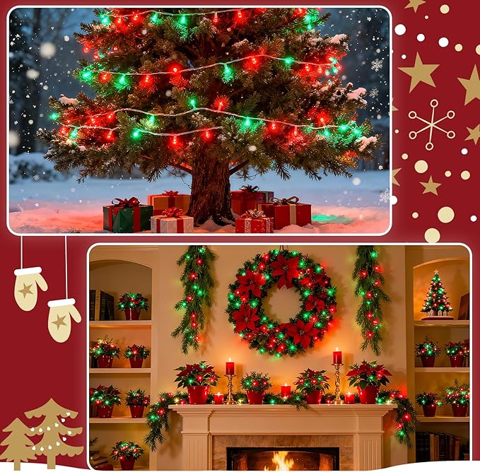 Red and Green Christmas Lights Outdoor Waterproof 9.8ft 30 LED, String Lights Battery Operated with Timer Clear Wire for Indoor & Outdoor Christmas Decorations Garland Party Garden