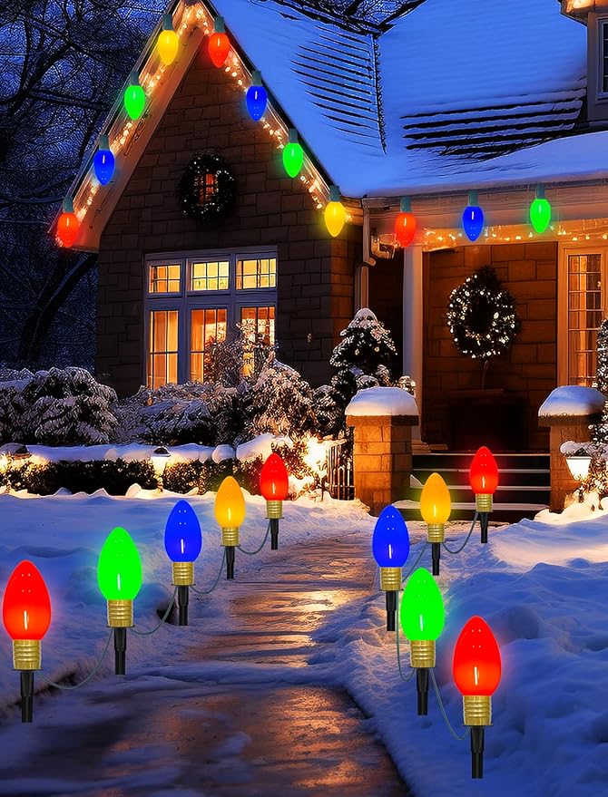 Jumbo C9 Christmas Pathway Lights Outdoor, 14Ft Outdoor Xmas Decorations Stakes Lights with 8 LED Jumbo Multicolor Bulb Christmas Walkway Lights for Outside Lawn Yard Garden Sidewalk Holiday