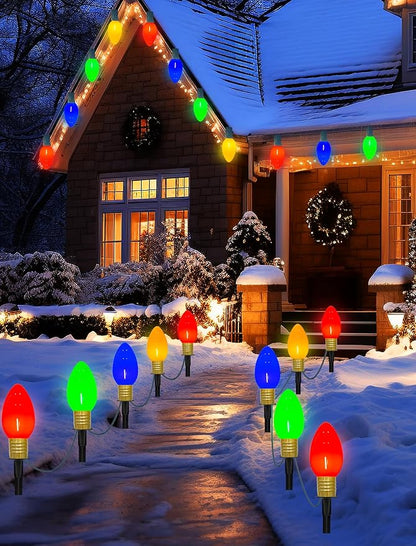 Jumbo C9 Christmas Pathway Lights Outdoor, 14Ft Outdoor Xmas Decorations Stakes Lights with 8 LED Jumbo Multicolor Bulb Christmas Walkway Lights for Outside Lawn Yard Garden Sidewalk Holiday