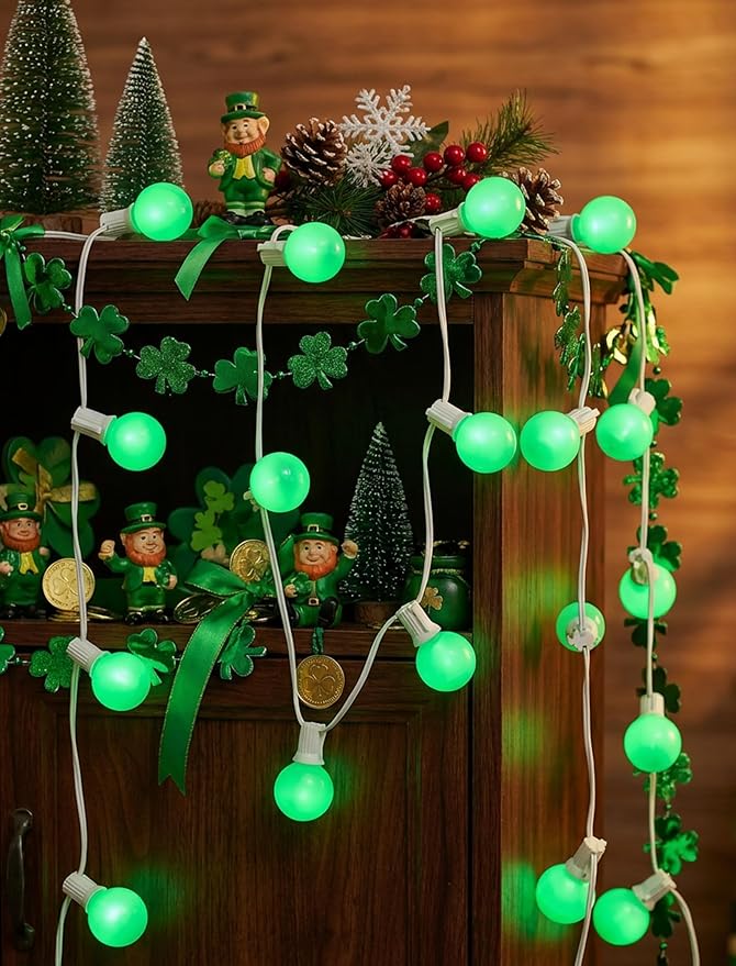 25FT G40 LED Outdoor St. Patrick's Day Green String Lights, St. Patrick's Day Decorations Lights with 27 Shatterproof Globe Bulbs, Hanging Patio Lights for Backyard Garden Party Wedding Christmas