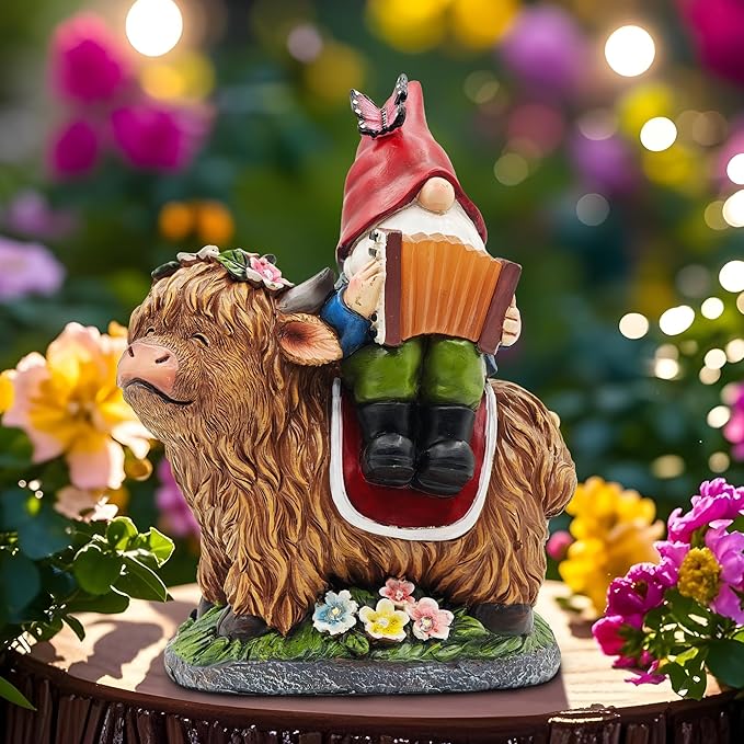 Christmas Garden Gnomes Outdoor Statues: 8'' Solar Light Gnome Decor on Highland Cow Play The Accordion Unique Birthday Gifts for Women Mother Grandma